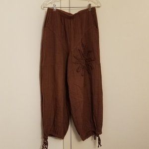 Peacock Ways Dark plum cheesecloth full cut pants, drawstring ankles, flower
